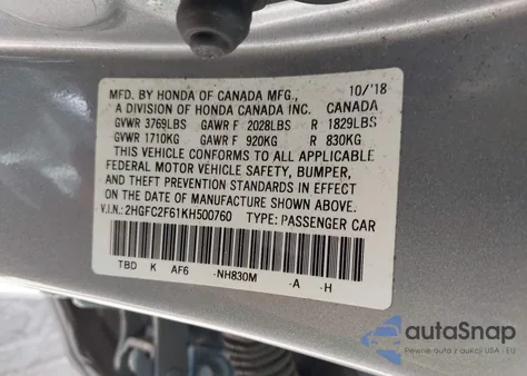 2019 Honda Civic Lx z USA, uszkodzony, nr VIN 2HGFC2F61KH500760